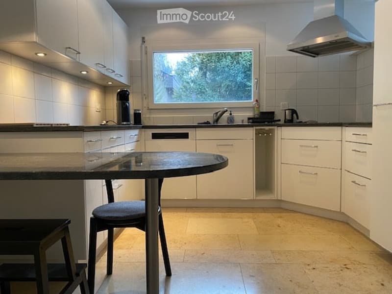 white cabinets, countertop, black table, sink, exhaust hood, window, dishwasher, coffee machine, kettle