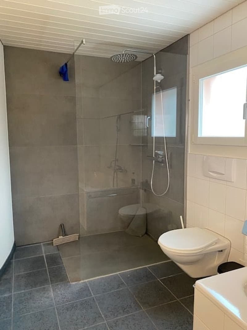 bathroom with walk-in shower, toilet, bathtub and window