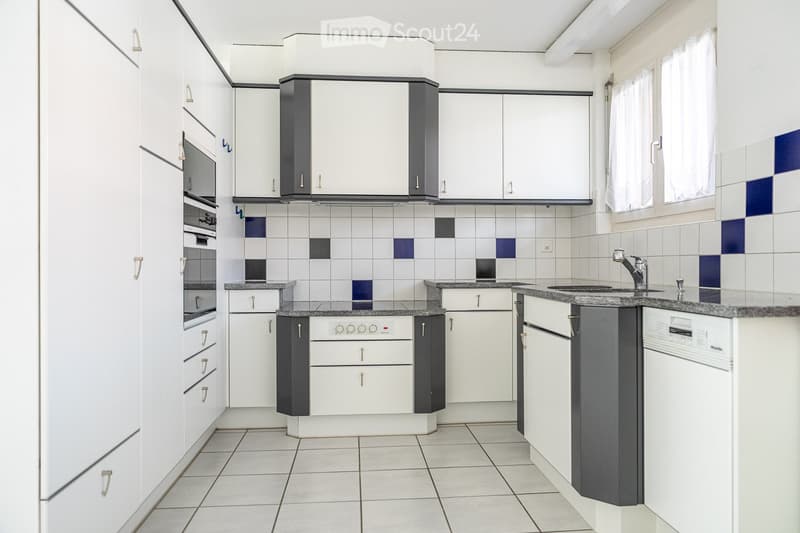 Modern kitchen with white cabinets, granite countertops, and stainless steel appliances including a sink, oven, and dishwasher. The backsplash features a blue and white tile design.