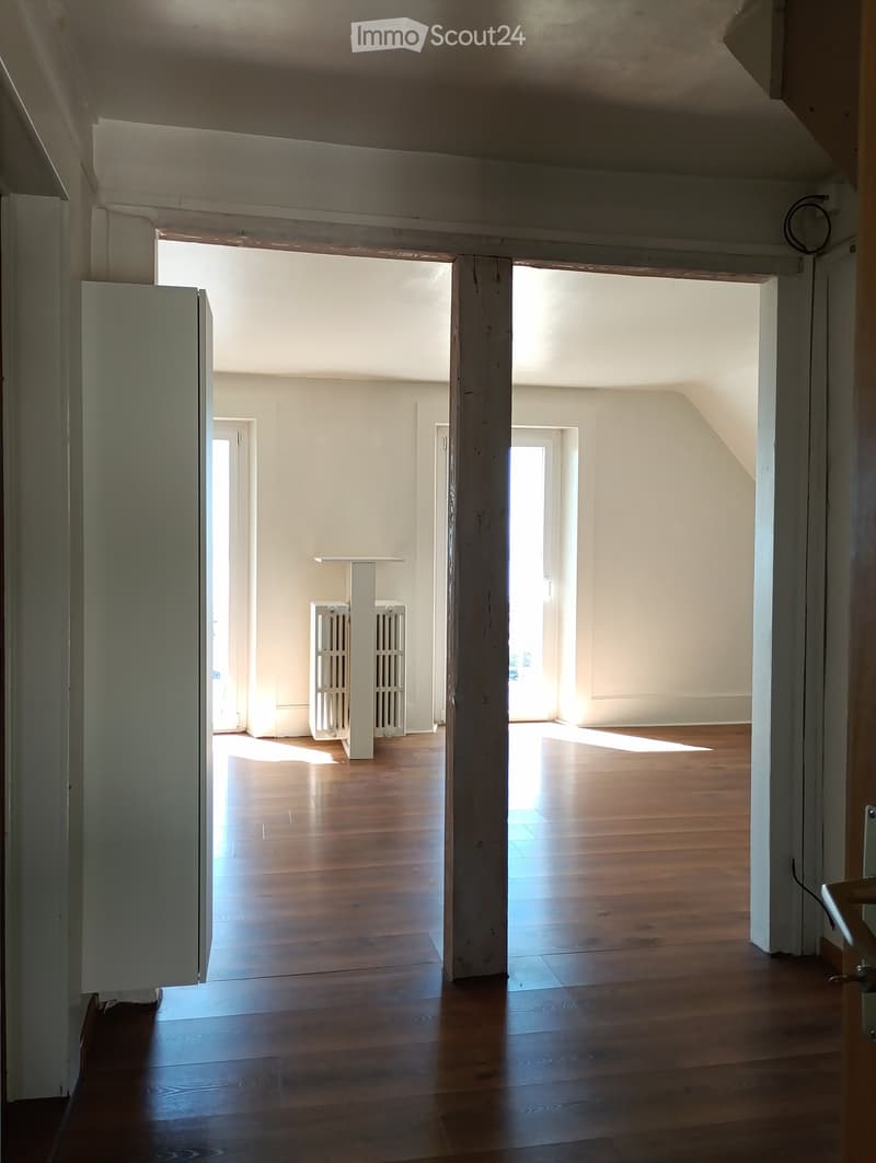 Empty room with wooden flooring, white walls, and a radiator. Natural light streams in from multiple windows, creating a bright and open space.