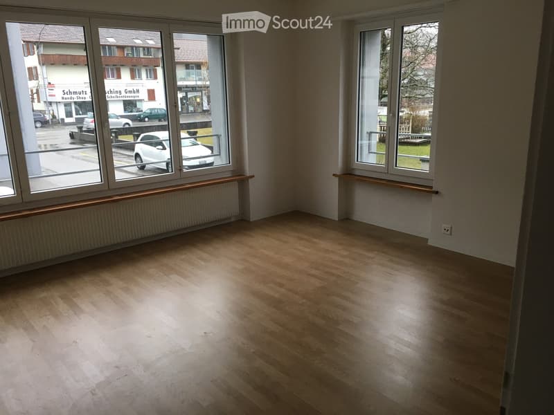 empty room, wooden floor, large windows, white walls, radiators, power outlet