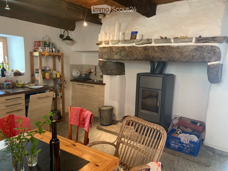 kitchen with dining area, fireplace, wooden table, chairs, plants, bottles, storage boxes, shelves, trash bin, sink, faucet, countertop, kitchen utensils, bottles, bananas, plates, bowls, cups, books, lamps