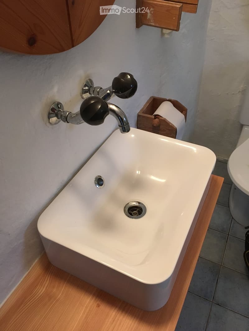 Bathroom sink, mounted on wooden countertop, silver faucet, white sink, white wall, wooden toilet, wooden tissue holder