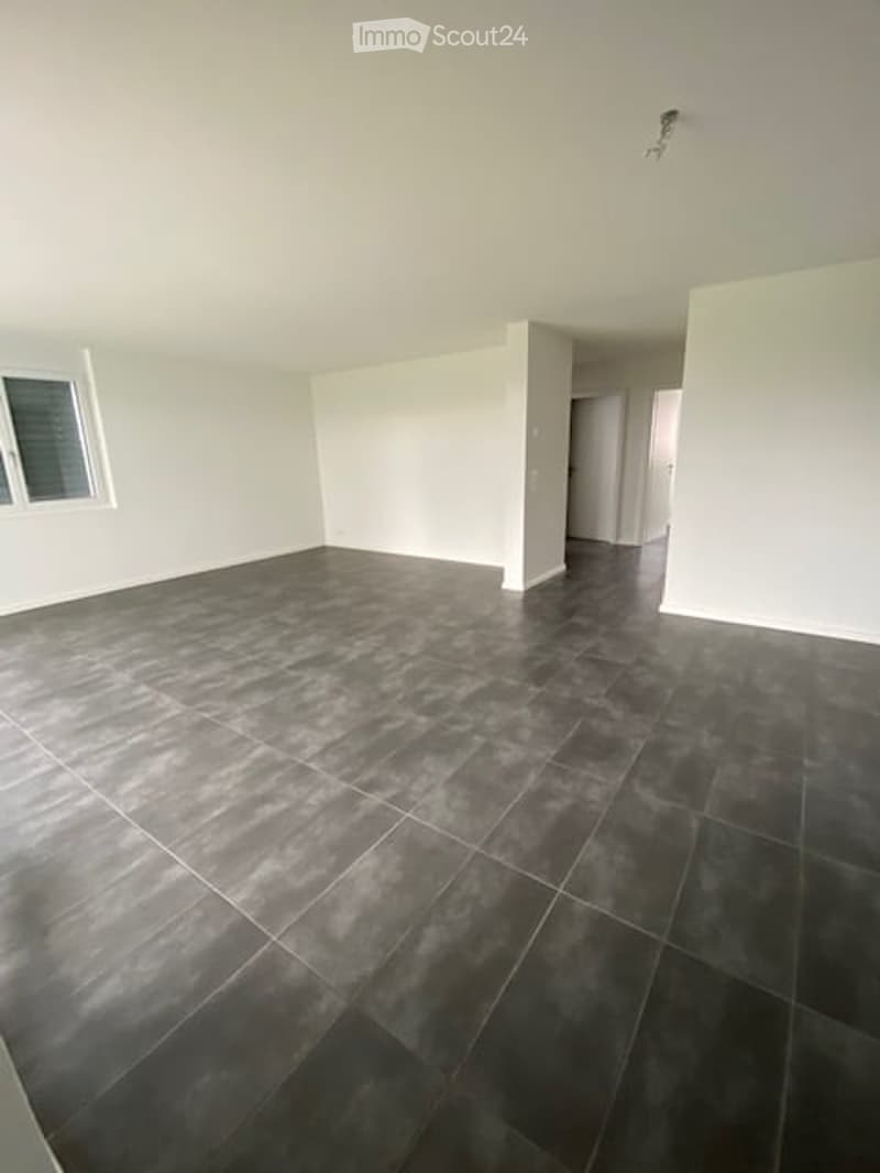 Unfurnished Room. Completely empty room with bare walls and dark grey tiled floor. No furniture or equipment.