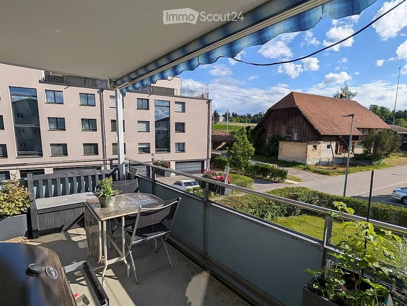 Balcony / Terrace. Balcony with outdoor furniture including a table, chairs, and potted plants, overlooking a residential area with houses and greenery.