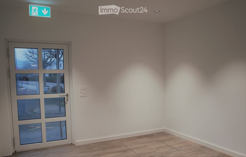Empty room with white walls and wooden floor, glass door, white door, switch on the wall.