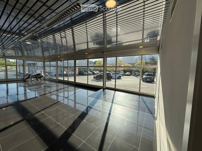 Corridor / Hallway. Modern, spacious hallway with large glass windows and a polished tile floor, featuring a sleek, reflective surface and a decorative lion statue near the entrance.