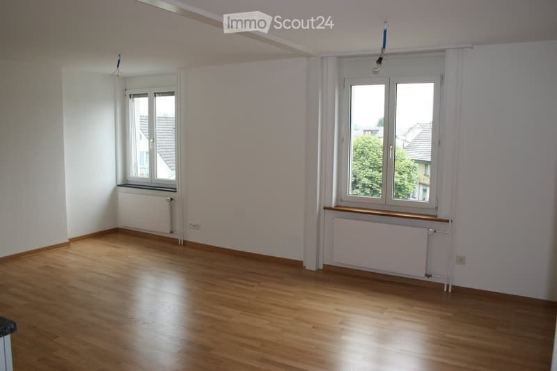 empty room, wooden floor, white walls, two windows, radiators