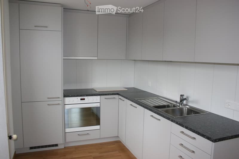 modern kitchen with white cabinets, granite countertop, stainless steel sink, oven, dishwasher, power outlets