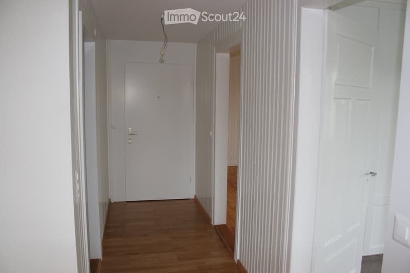 Empty hallway with white walls, wooden floor, closed doors, and a light fixture