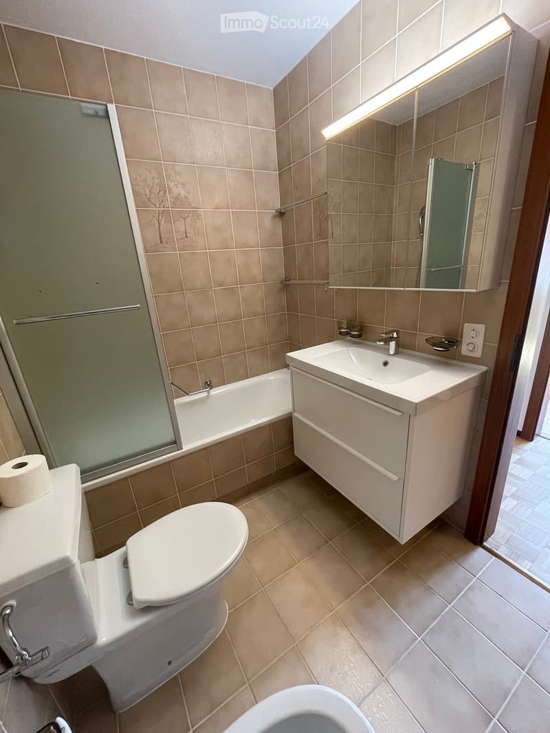 Bathroom. Modern bathroom with beige tiles, a toilet, a sink with a cabinet, a bathtub, and a mirror with a built-in light. Toilet paper is placed on the toilet tank.