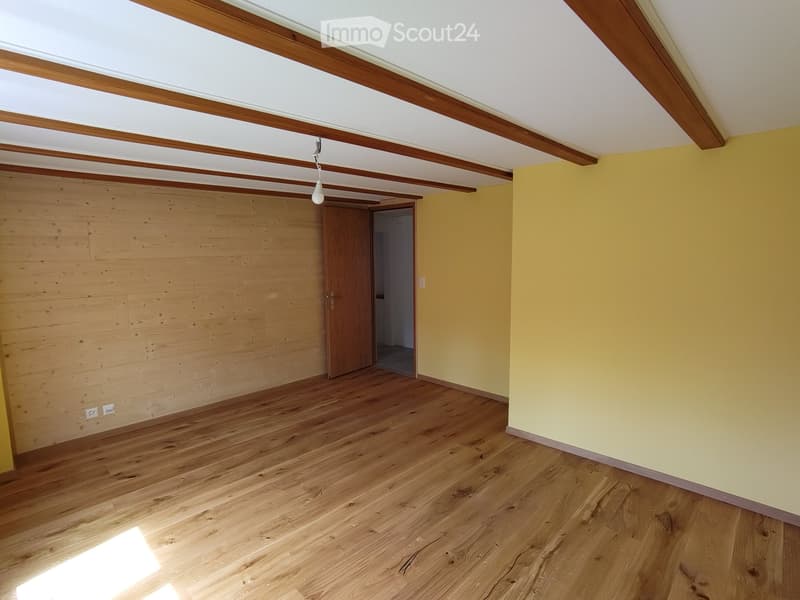 Unfurnished Room. Empty room with wooden walls, wooden floor, and yellow wall. A door and a light fixture are visible.