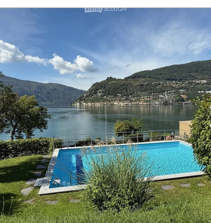 Garden / Outdoor Area. A swimming pool with a view of a lake and surrounding hills, surrounded by greenery and a metal railing.