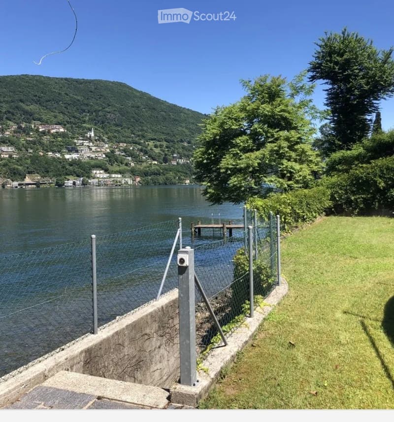 Garden / Outdoor Area. A serene lakeside garden with a wire fence, grassy area, and a wooden dock extending into the water. The background features a picturesque town and mountains.
