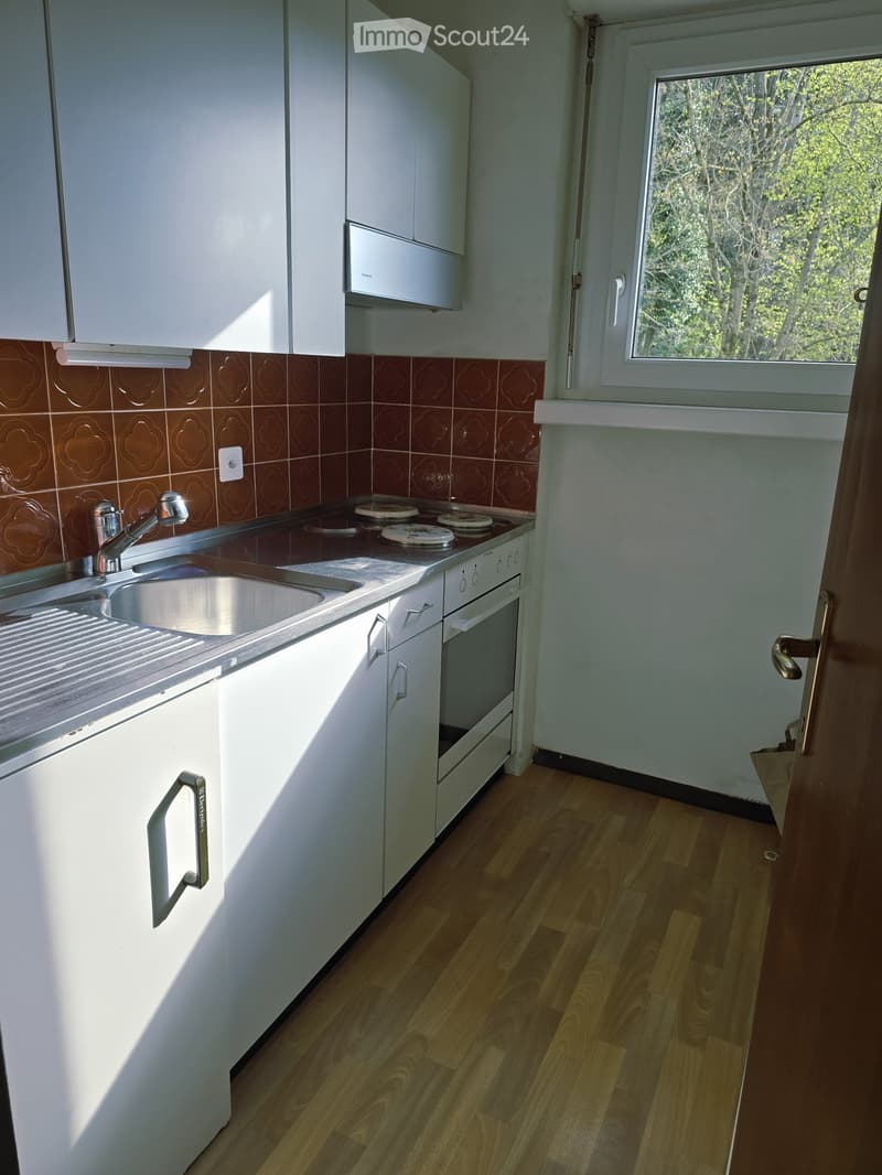 Kitchen. Modern kitchen with white cabinets, stainless steel sink, and oven. Features wooden flooring and a window with a view of greenery.