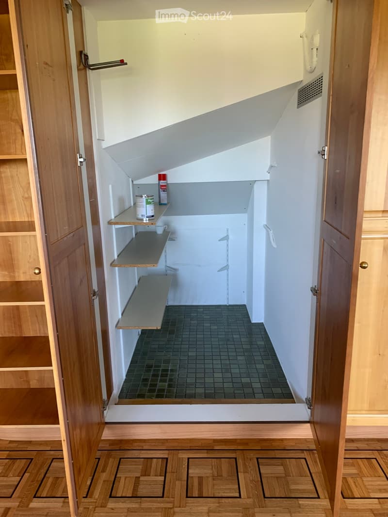 Corridor / Hallway. A narrow hallway with wooden doors on both sides, leading to a small storage area with shelves and a tiled floor.