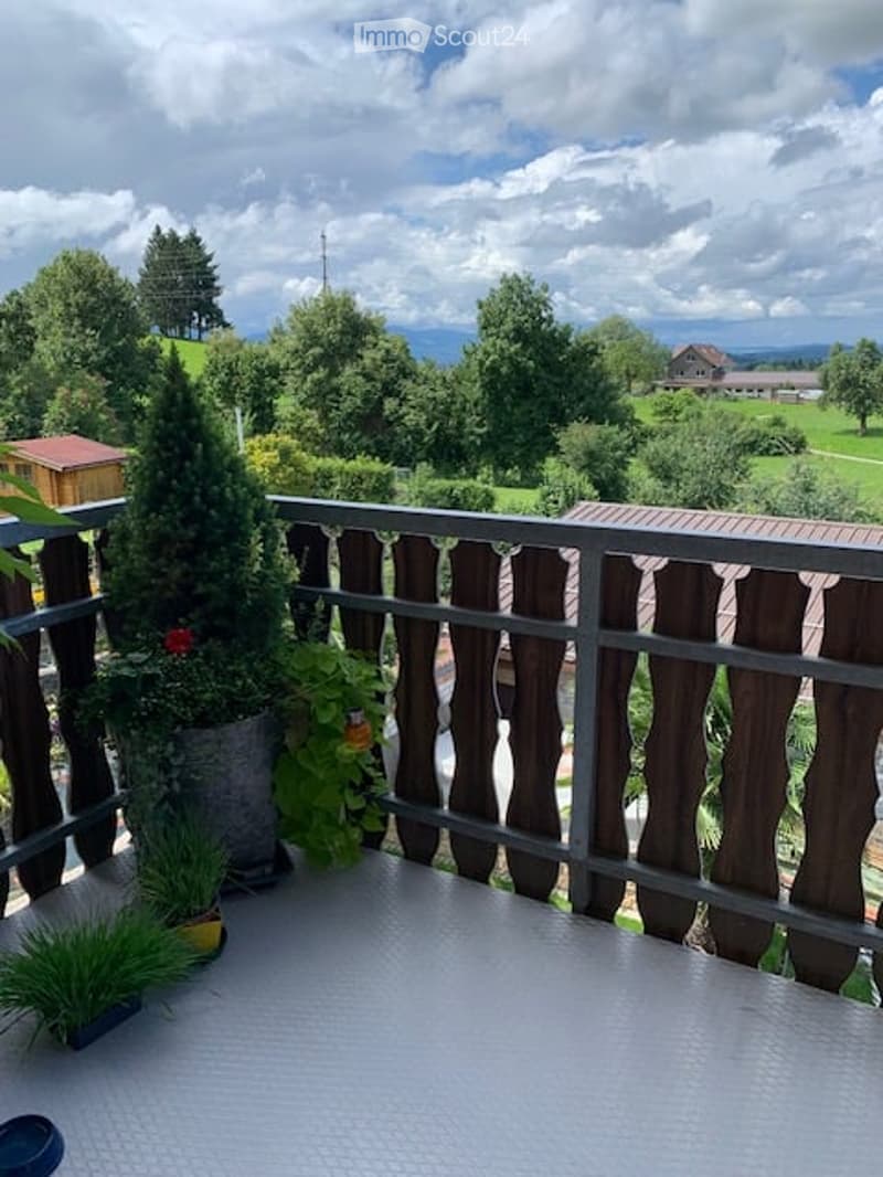 Balcony / Terrace. Balcony with metal railing, potted plants, and scenic countryside view.