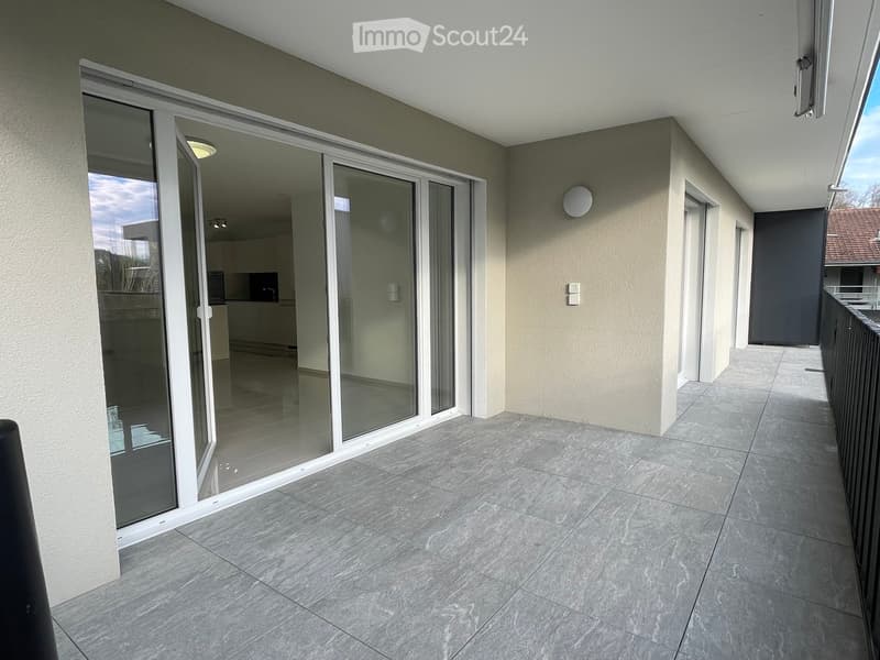 Modern terrace, sliding glass doors, tiled floor, black railings, glass interior walls