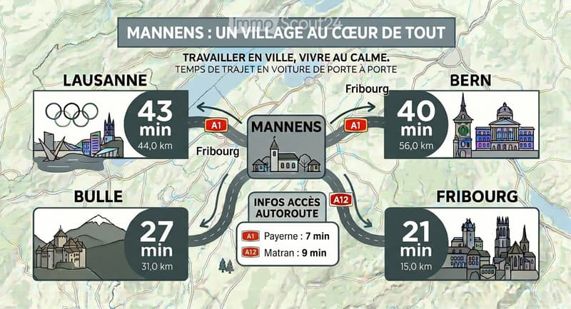 Map showing travel times and distances from Mannens to Lausanne, Bern, Bulle, and Fribourg, with highway routes and city illustrations.