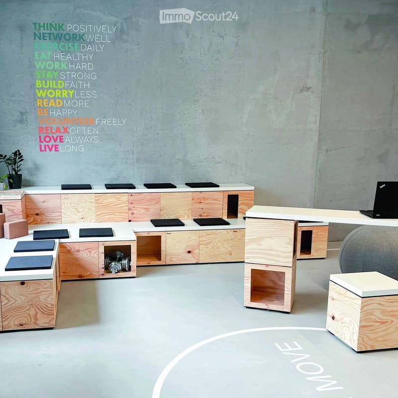 Furnished Room. Modern, minimalist workspace with wooden desks, cabinets, a laptop, and a small plant on a shelf.