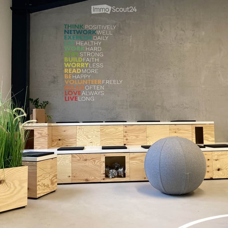 Furnished Room. Modern reception area with a wooden cabinet, a large grey exercise ball, a potted plant, and motivational text on the wall.