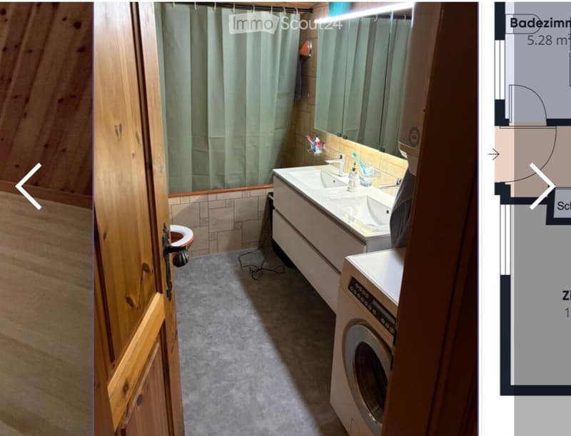 Bathroom. Bathroom with a double sink, mirror, washing machine, toilet, and wooden cabinet.