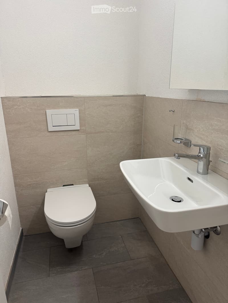 Bathroom. Modern bathroom with a white toilet, a white sink with a chrome faucet, a light switch, and a glass cup on the sink.
