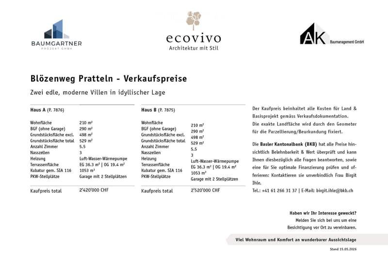 Building. Sales price sheet for two modern villas in Pratteln, Switzerland, showing details for Haus A and Haus B including living area, land area, number of rooms, heating, terrace area, and total purchase price.
