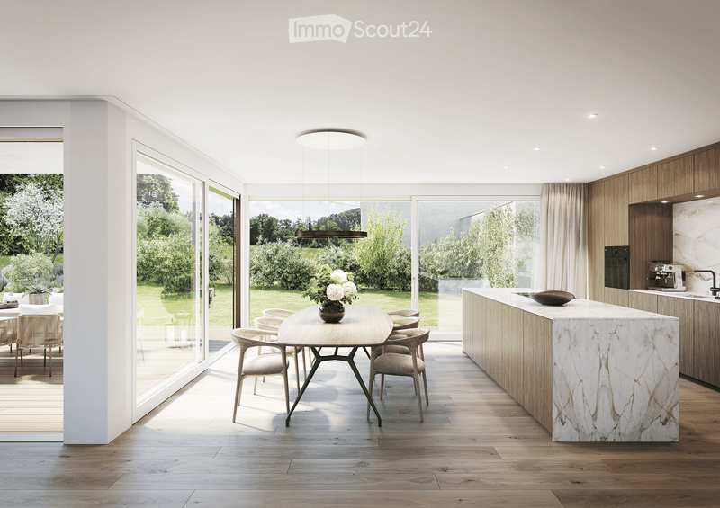 Furnished Room. Modern kitchen and dining area with wooden flooring, large windows, a central dining table with chairs, a marble kitchen island, and a coffee machine.