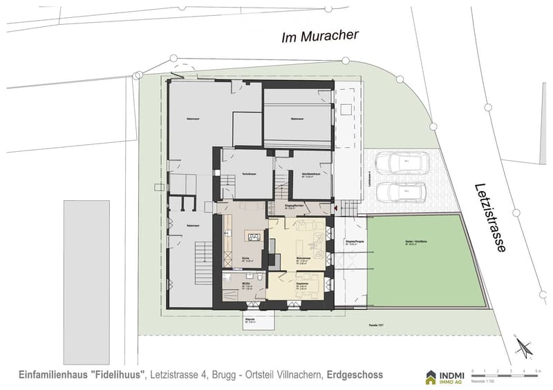 Floor Plan. Floor plan of a single-family house on the ground floor, including living room, kitchen, bedrooms, bathrooms, technical room, storage room, and parking spaces.
