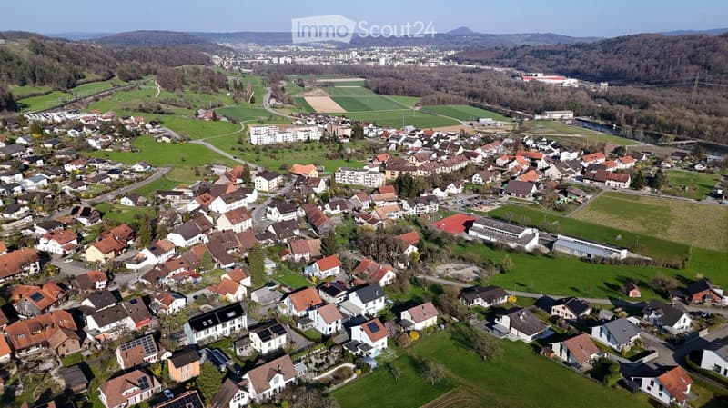 Building. Aerial view of a residential area with numerous houses, green fields, and a distant cityscape.