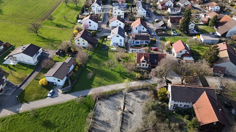 Building. Aerial view of a residential neighborhood with multiple houses, green lawns, and surrounding fields.
