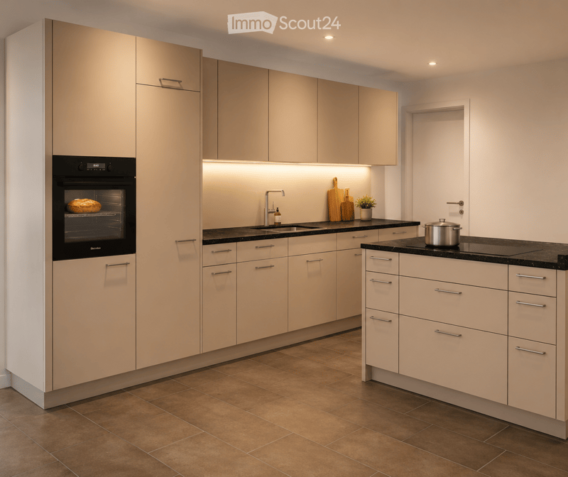Kitchen. Modern kitchen with light-colored cabinets, dark countertops, built-in oven, sink, and small potted plant on the counter.