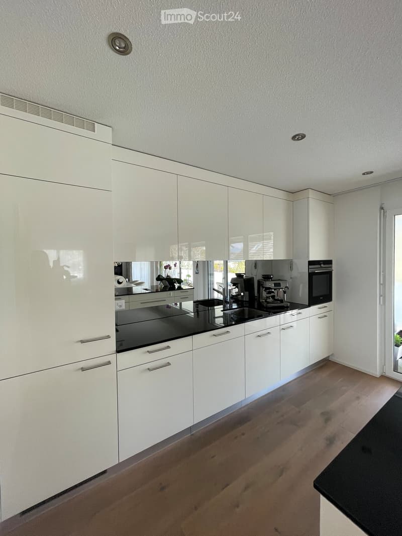 modern kitchen with white cabinets, black countertops, stainless steel appliances, wooden floor