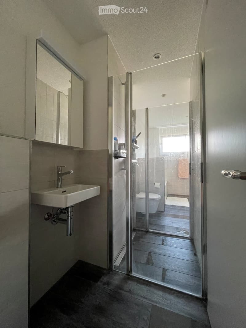 Bathroom with sink, mirror, shower enclosure, toilet, and towel rack