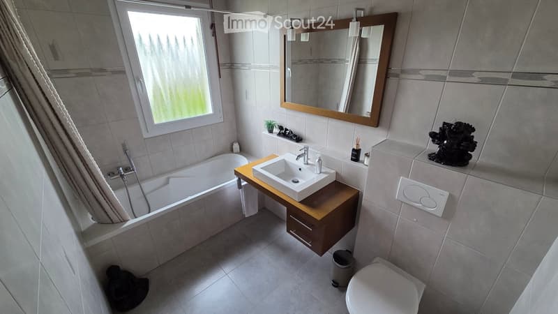 Bathroom. Modern bathroom with a bathtub, sink, toilet, large mirror, wooden cabinet, and decorative items.
