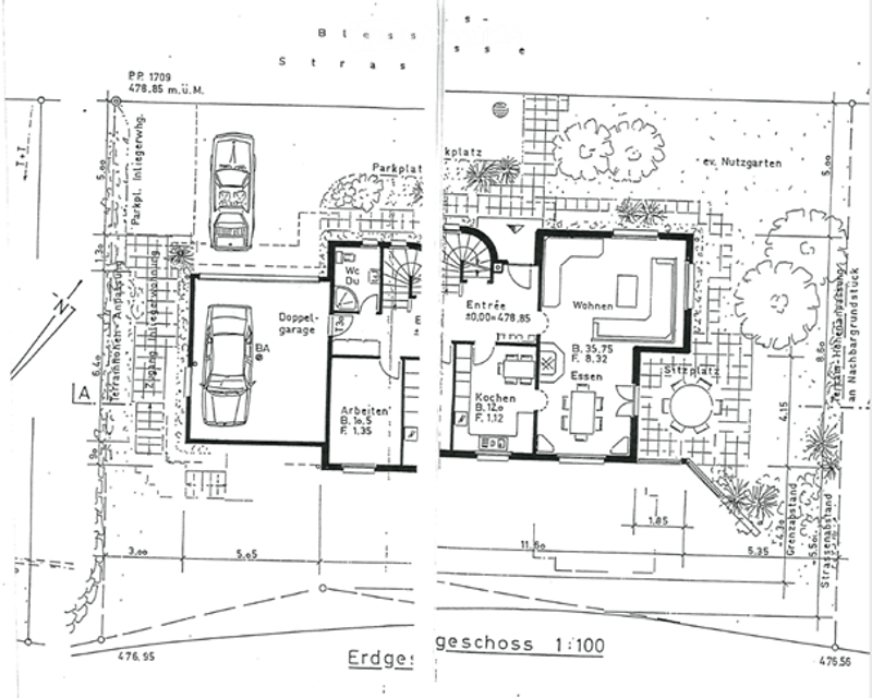 Floor Plan. Floor plan of a two-story house with labeled rooms including entrance, living area, kitchen, dining area, bedrooms, bathrooms, garage, and outdoor spaces.