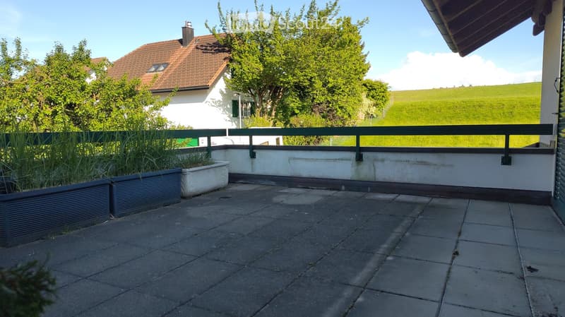 Balcony / Terrace. Balcony with tiled floor, metal railing, and planters, overlooking a green field and a house with a red-tiled roof.