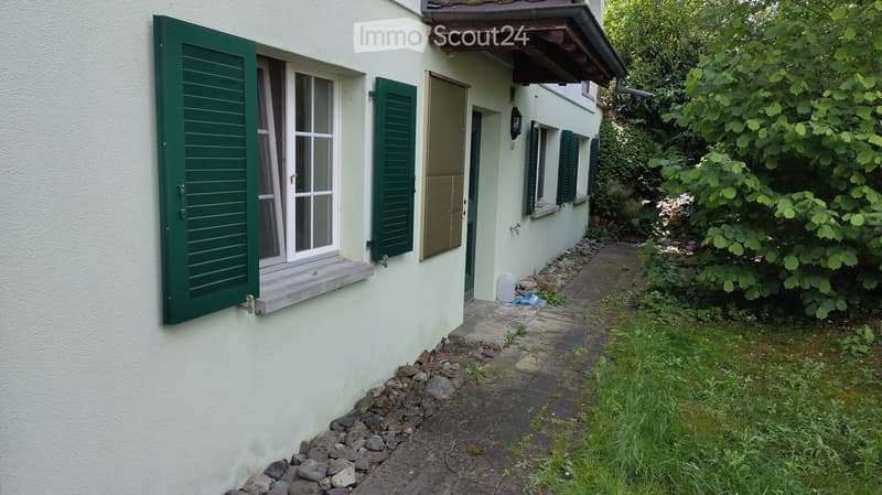 Building. Light green house with green shutters, a window with a white frame, and a small pathway leading to the entrance.
