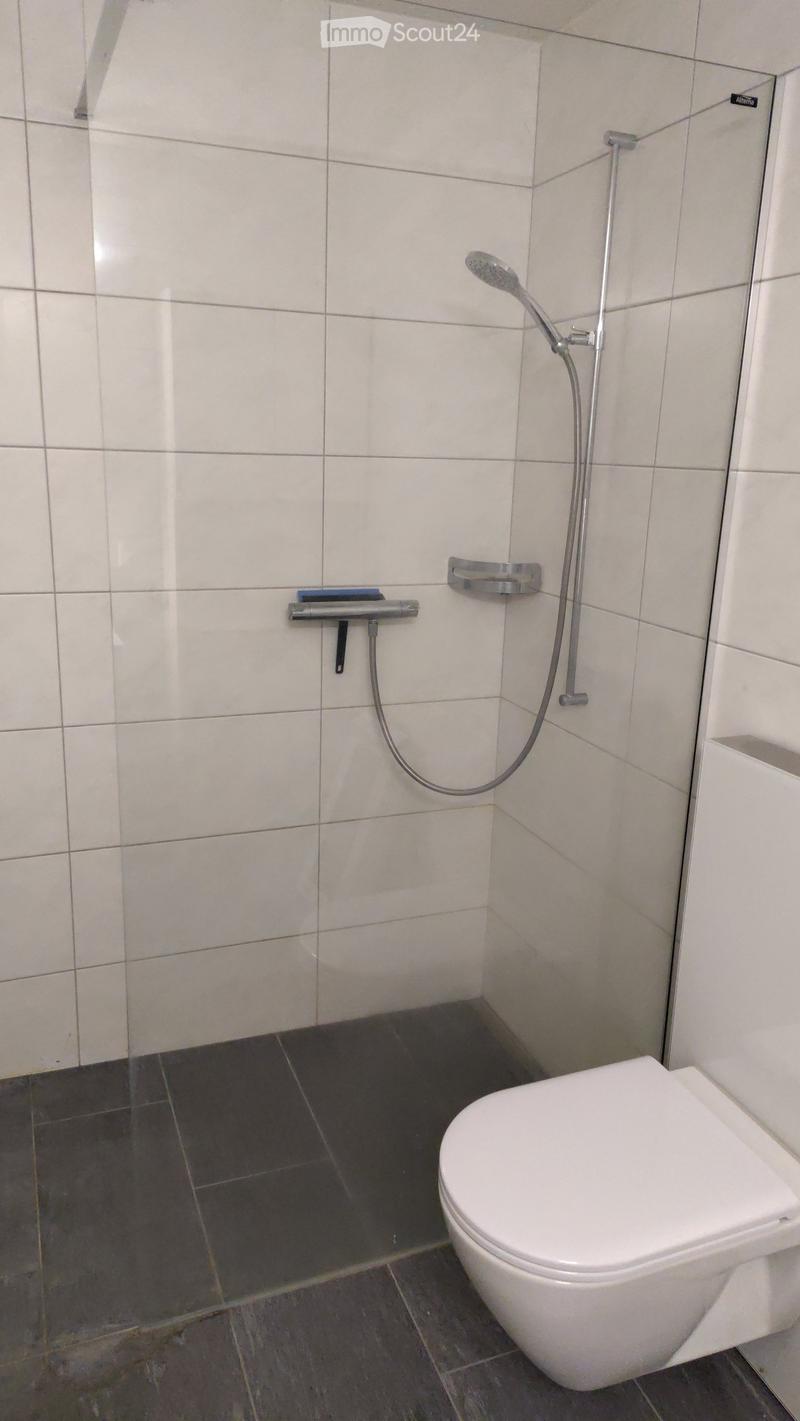 Bathroom. Modern bathroom with white tiled walls, dark tiled floor, toilet, and a handheld shower with a rail and hose.