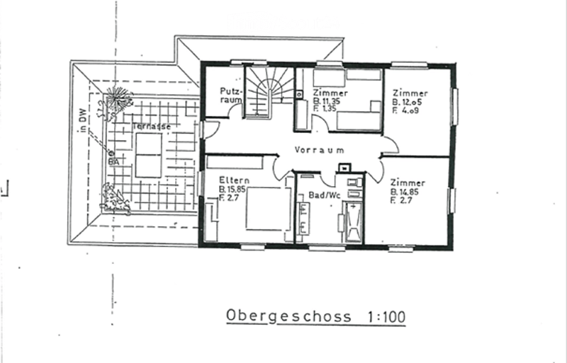 Floor Plan. Floor plan of an upper level showing a living room, kitchen, three bedrooms, and a bathroom.