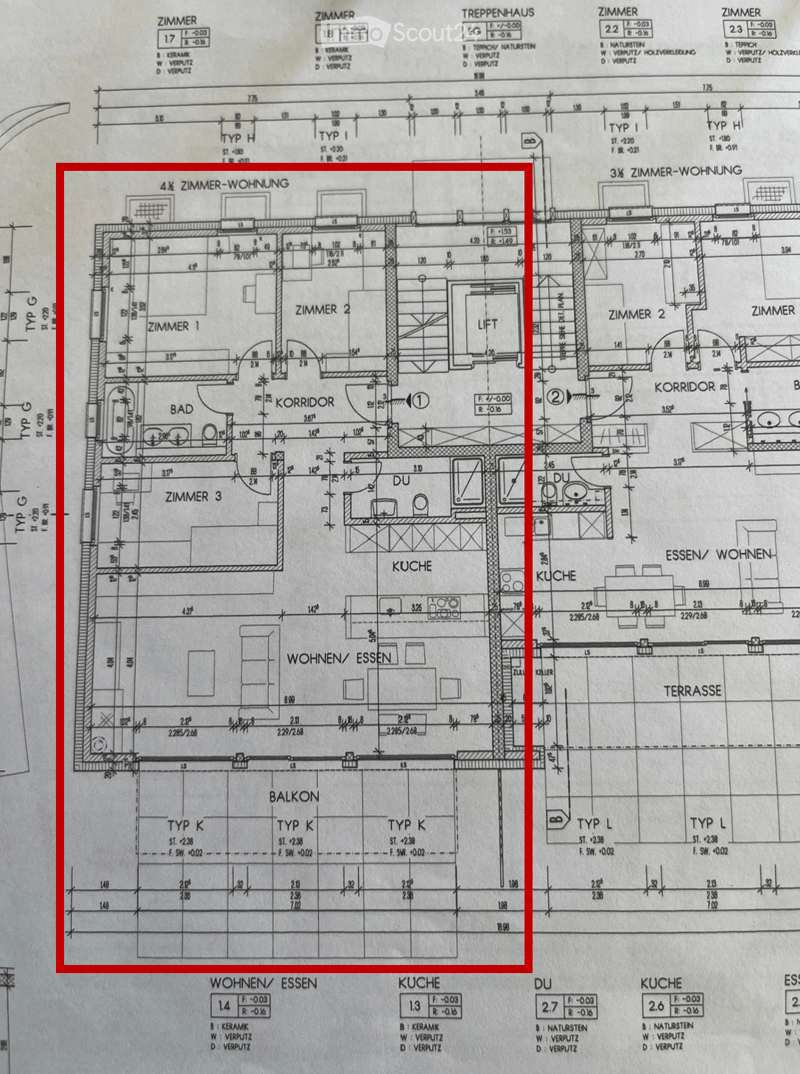 Floor Plan. Floor plan of a 4-room apartment with labeled rooms including living/dining area, kitchen, three bedrooms, bathroom, and balcony.