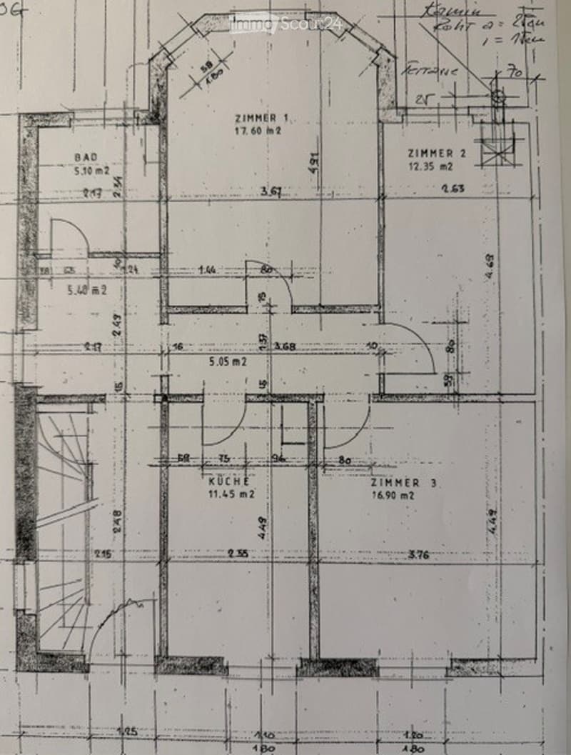 Floor Plan. Floor plan of a house with labeled rooms: bathroom, kitchen, three bedrooms, and additional spaces.