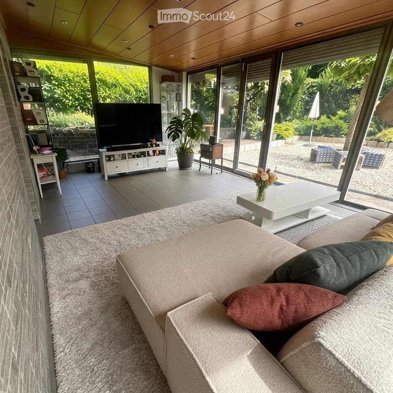 Living Room. Modern living room with large windows offering a view of the garden, featuring a cream-colored sofa, coffee table, television, and decorative plants.