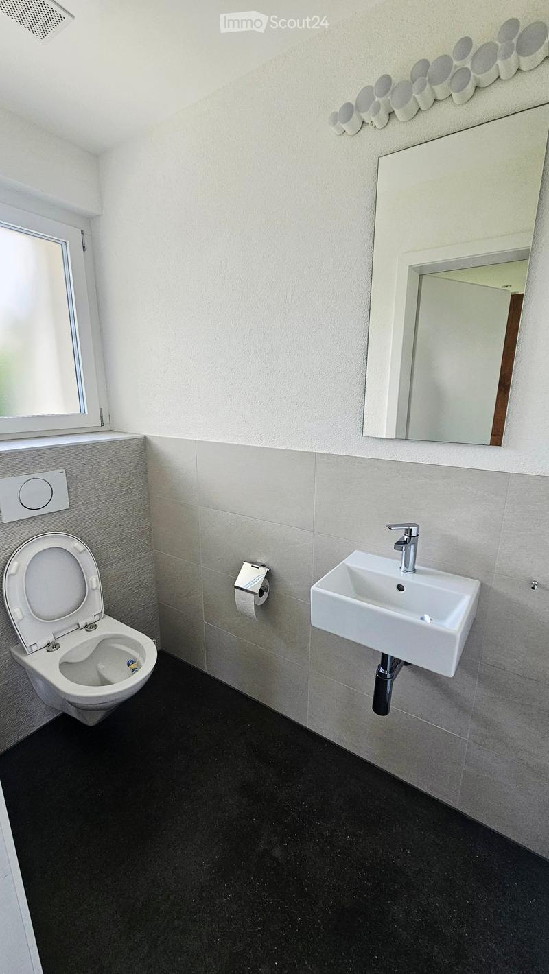 Bathroom. Modern bathroom with a white toilet, a white sink with a chrome faucet, a mirror above the sink, and a toilet paper holder on the wall. The walls are tiled in light grey, and the floor is black.