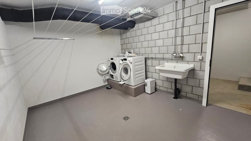 Bathroom. Utility room with a washing machine, sink, and faucet, featuring exposed brick walls and a concrete floor.