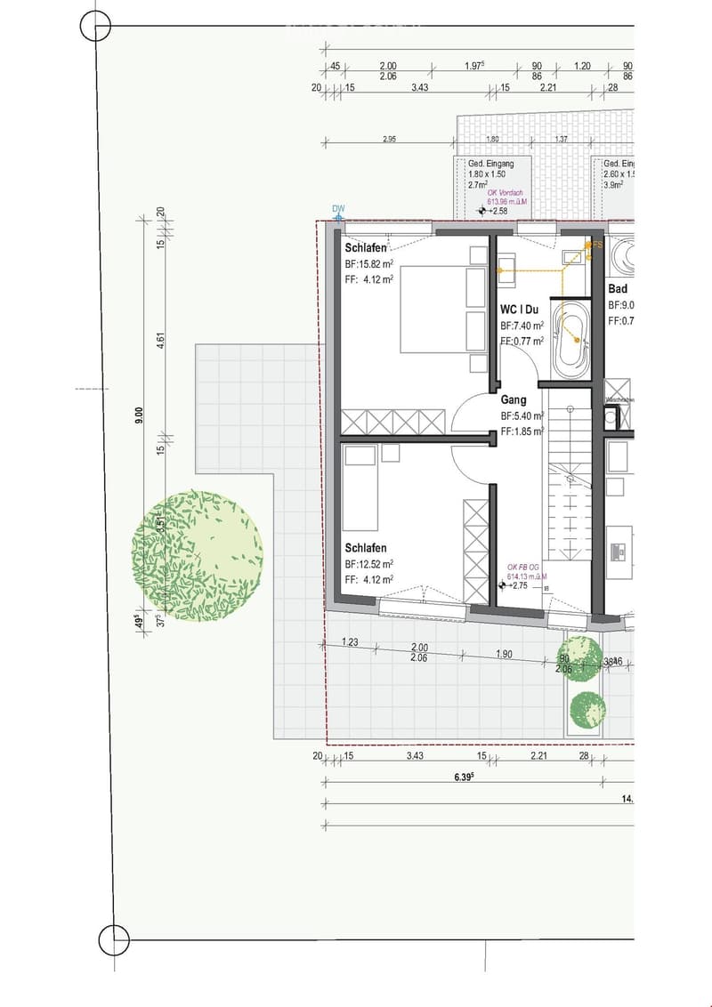 Floor Plan. Floor plan showing two bedrooms, a bathroom, a hallway, and an entrance area with measurements and labels in German.