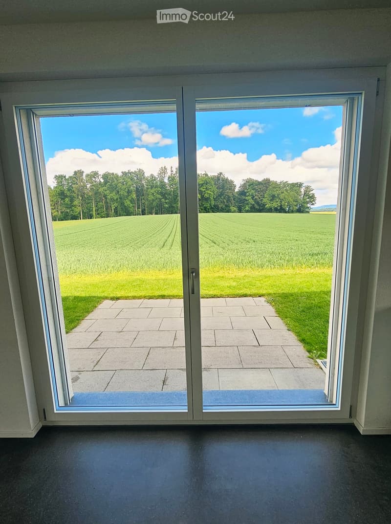 Unfurnished Room. Empty room with large sliding glass doors opening to a paved patio and a green field with trees in the background.