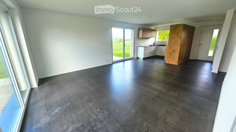 Unfurnished Room. Empty room with dark grey concrete floor, white walls, large windows, and a view of a green field.