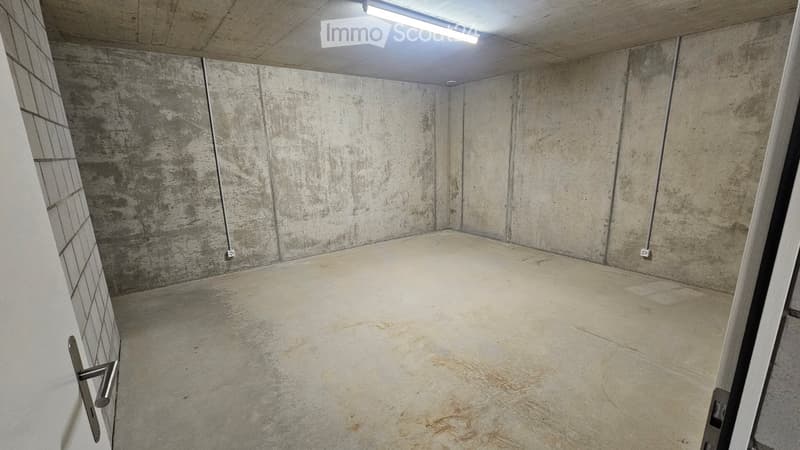 Unfurnished Room. Empty concrete-walled room with a concrete floor, fluorescent lighting, and a metal door handle visible on the left side.